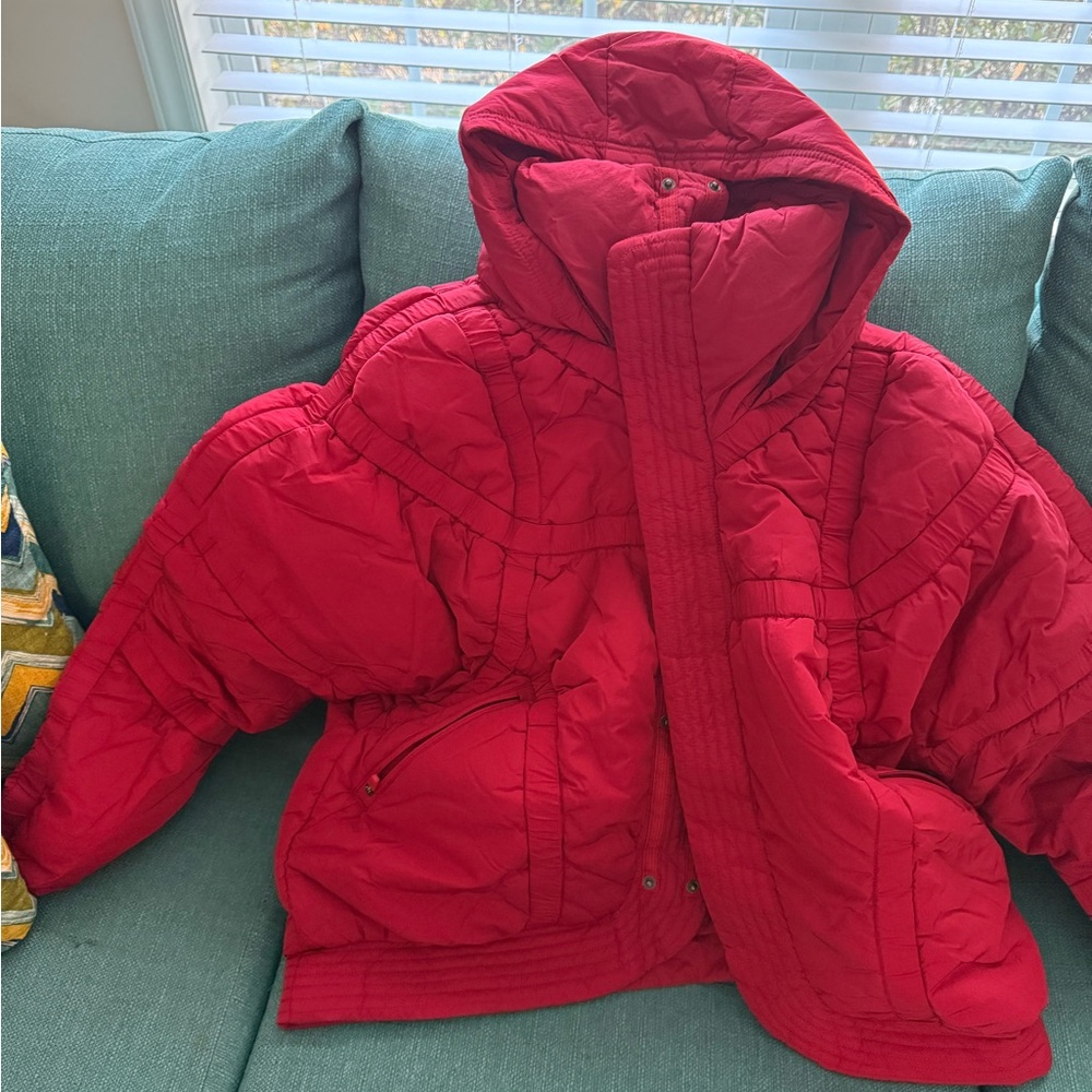 Free People Red Puffer Backpack Jacket
